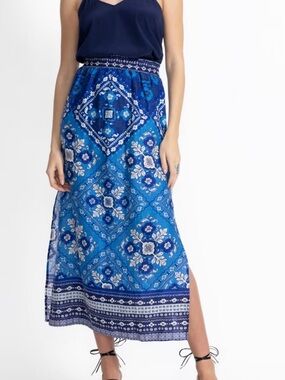 Johnny was the linen high slit blue tile print maxi skirt NWT SZ M
